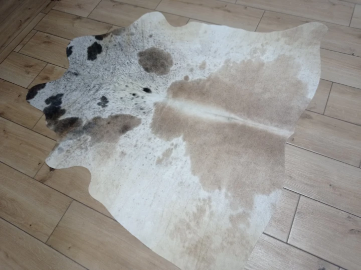 Naturalna skóra bydlęca ŁACIATA BEŻOWO-BRĄZOWA 130x140 cm rozłożona w dużym salonie  - dekoracyjneskory.pl