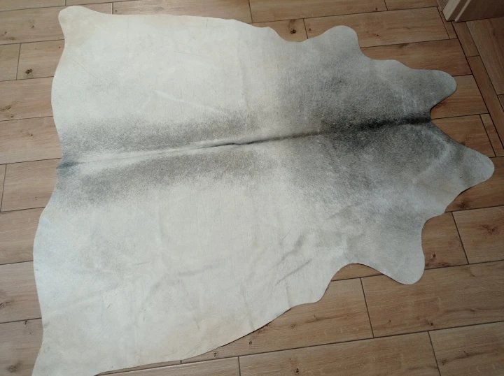Naturalna skóra bydlęca SZARA 165x155 cm rozłożona w dużym salonie  - dekoracyjneskory.pl