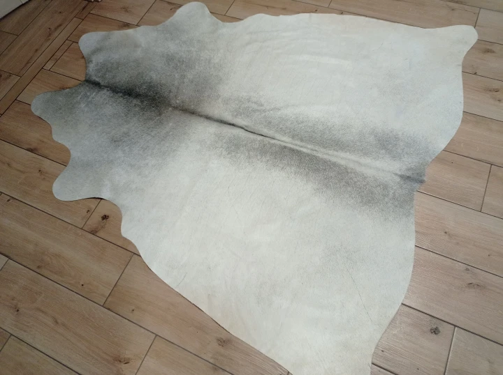 Naturalna skóra bydlęca SZARA 165x155 cm rozłożona w dużym salonie  - dekoracyjneskory.pl