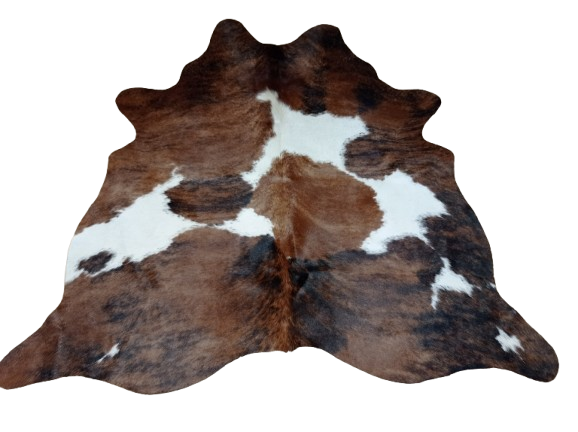 Naturalna skóra bydlęca ŁACIATY TRICOLOR 125x135 cm rozłożona w dużym salonie  - dekoracyjneskory.pl