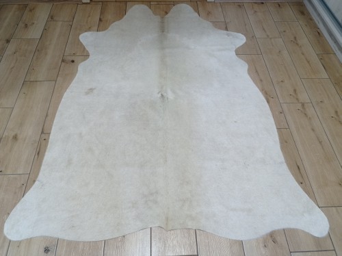 Naturalna skóra bydlęca BEŻOWO-ZŁOTA 175x135 cm rozłożona w dużym salonie  - dekoracyjneskory.pl