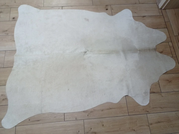 Naturalna skóra bydlęca BEŻOWO-ZŁOTA 175x135 cm rozłożona w dużym salonie  - dekoracyjneskory.pl