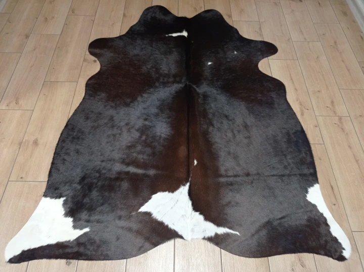 Naturalna skóra bydlęca BRĄZOWO-BIAŁA 165x135 cm rozłożona w dużym salonie  - dekoracyjneskory.pl