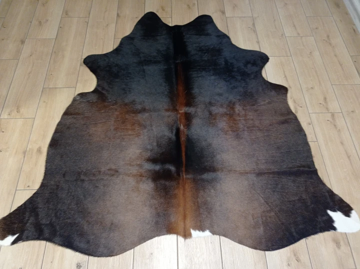 Naturalna skóra bydlęca BRĄZOWA 155x160 cm rozłożona w dużym salonie  - dekoracyjneskory.pl