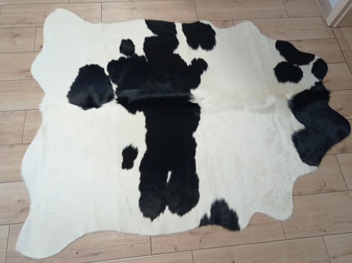 Naturalna skóra bydlęca ŁACIATA CZARNO-KREMOWA 170x140 cm rozłożona w dużym salonie  - dekoracyjneskory.pl