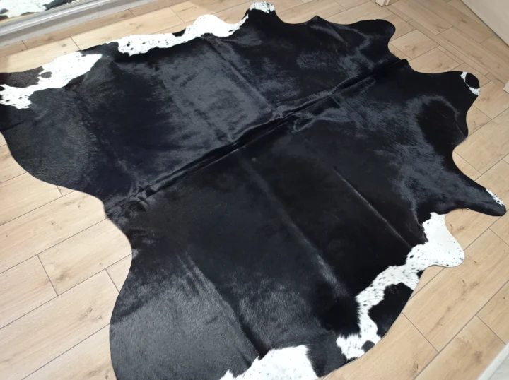 Naturalna skóra bydlęca 235x215 cm rozłożona w dużym salonie  - dekoracyjneskory.pl