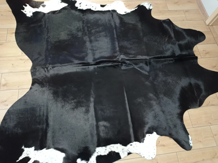 Naturalna skóra bydlęca 235x215 cm rozłożona w dużym salonie  - dekoracyjneskory.pl